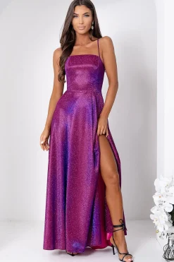 Robe de soirée violette longue fendue pailletée