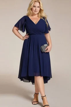 Robe d'invitée au mariage bleu asymétrique à volants