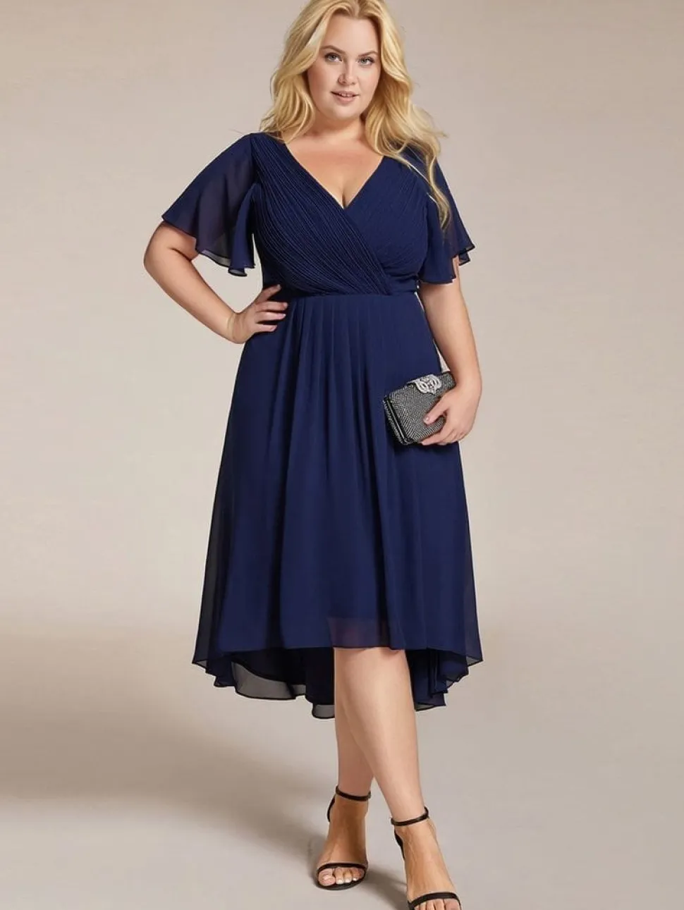Robe d'invitée au mariage bleu asymétrique à volants