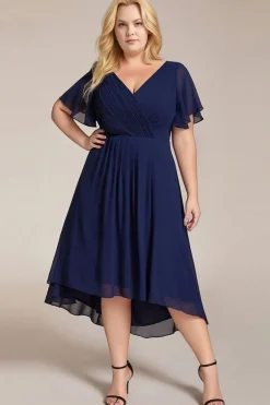 Robe d'invitée au mariage bleu asymétrique à volants