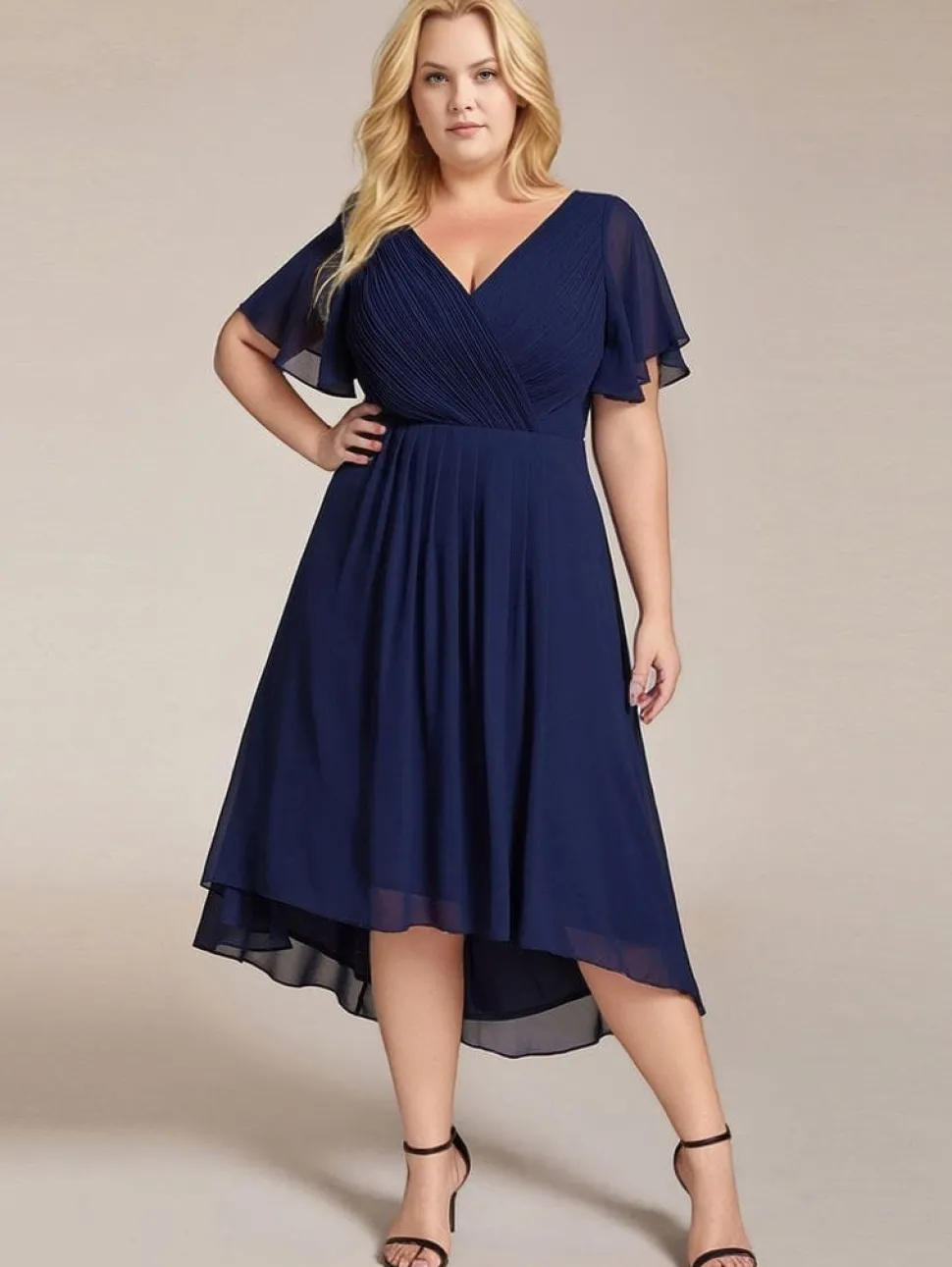 Robe d'invitée au mariage bleu asymétrique à volants