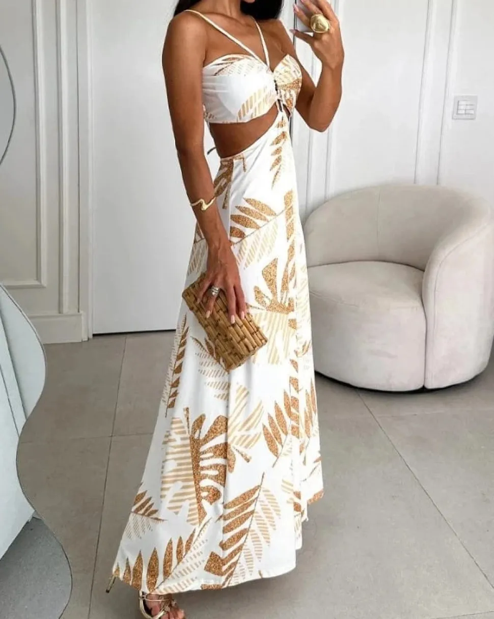 Robe dos nu longue à imprimé tropical
