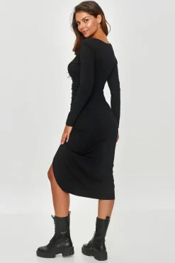 Robe drapée moulante midi manches longues