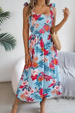 Robe d'été fleurie midi à bretelles