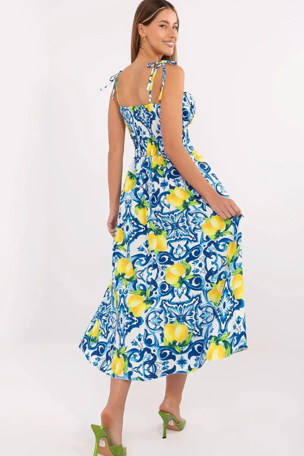 Robe d'été fleurie midi fendue bretelles à nouer