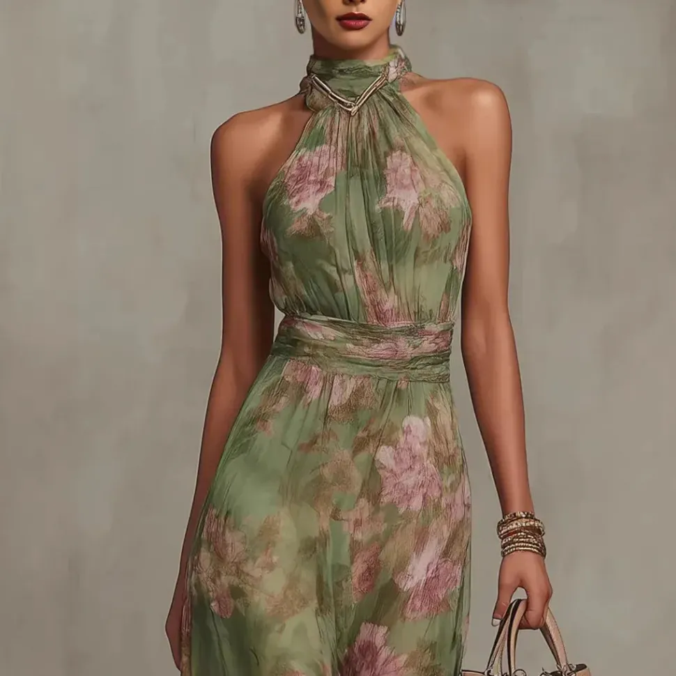 Robe d'été fluide verte à col licou