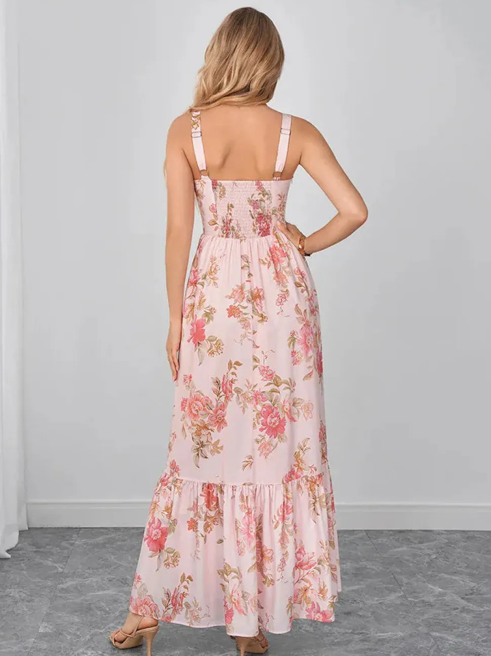 Robe d'été longue bohème rose à motifs floraux
