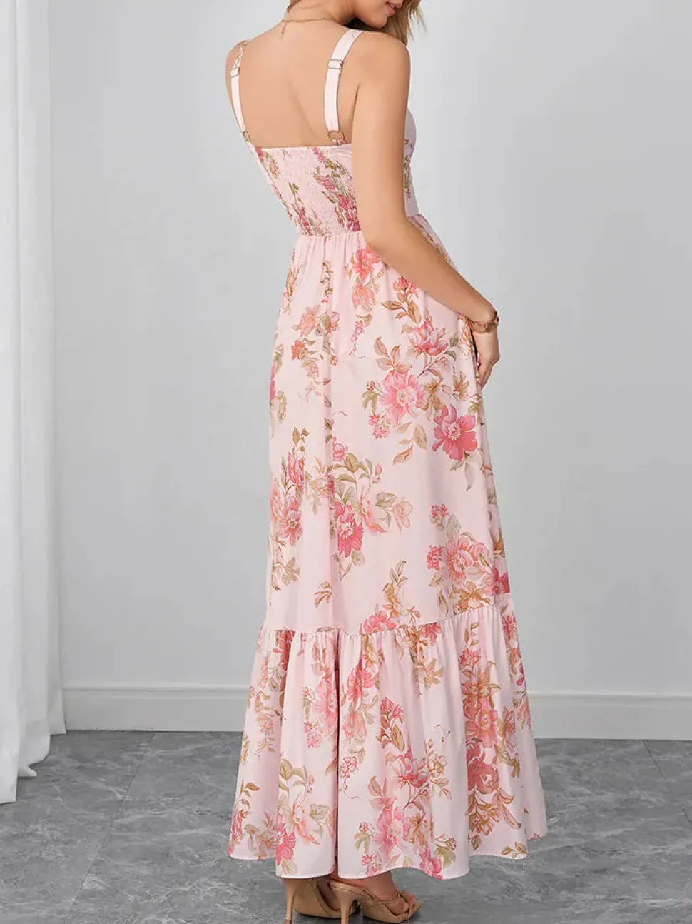 Robe d'été longue bohème rose à motifs floraux