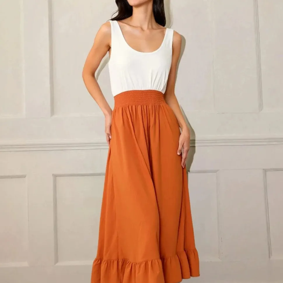 Robe d'été midi sans manches blanc-orange