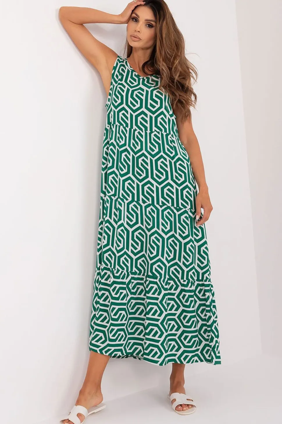 Robe d'été motif géométrique vert et blanc