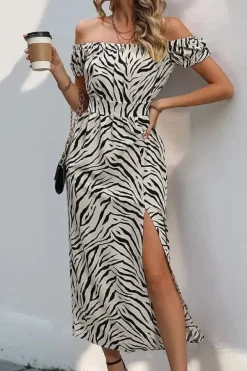 Robe d'été motif zebré fendue épaules dénudées