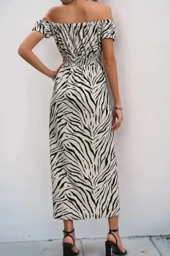 Robe d'été motif zebré fendue épaules dénudées
