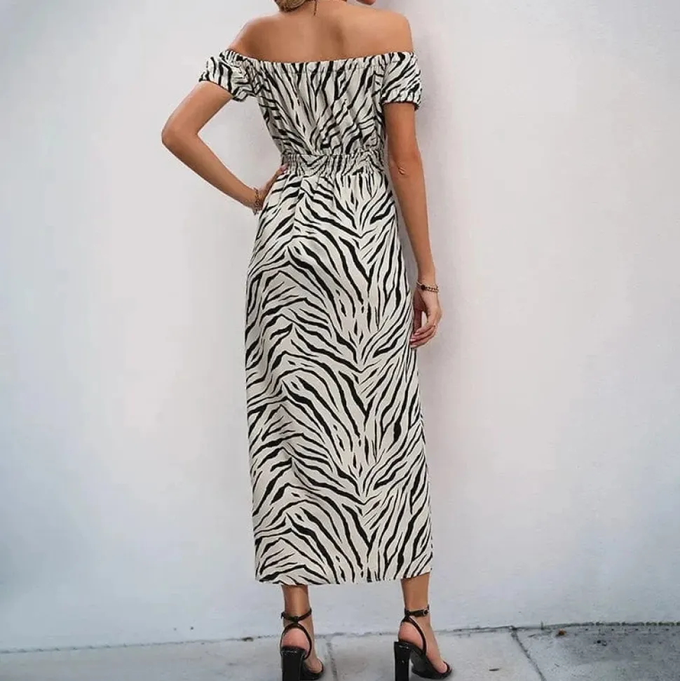 Robe d'été motif zebré fendue épaules dénudées