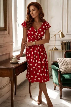 Robe estivale à pois rouge mi-longue