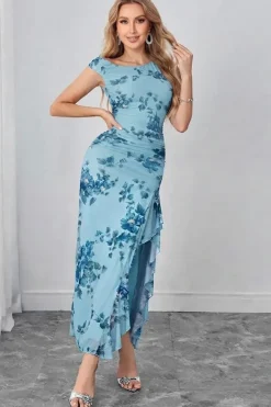 Robe fleurie bleue asymétrique pour été