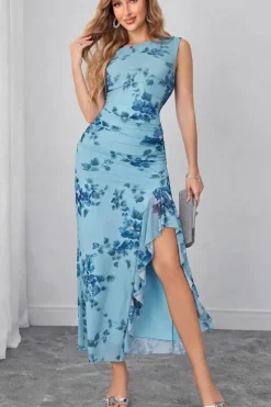 Robe fleurie bleue asymétrique pour été