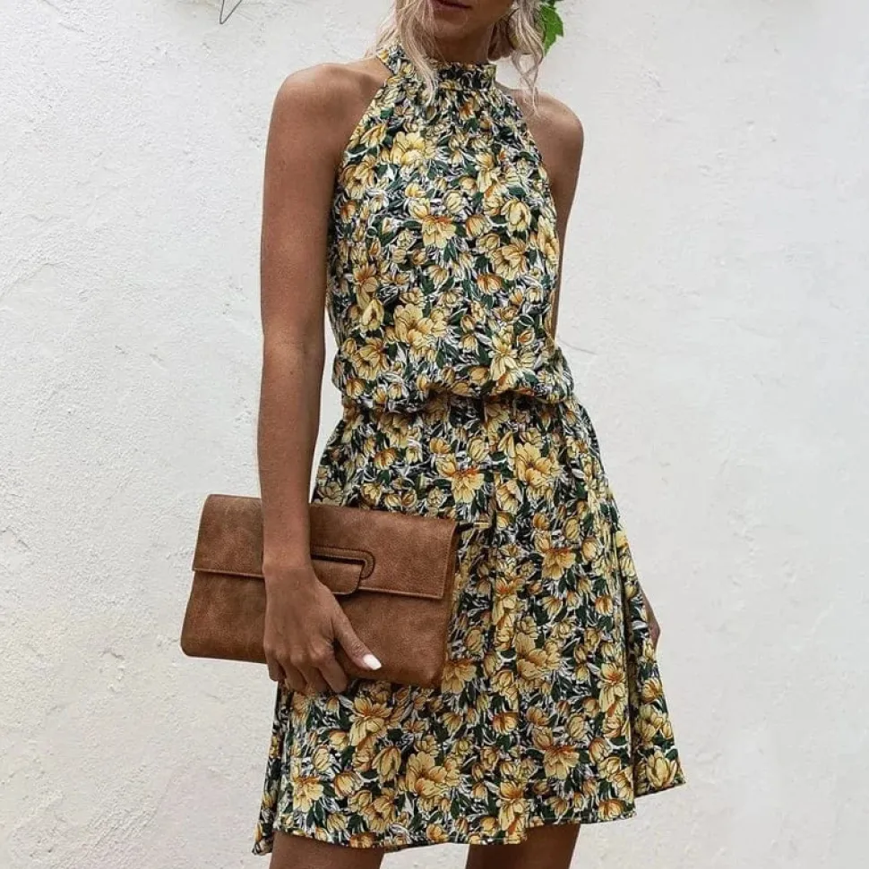 Robe fleurie courte col halter