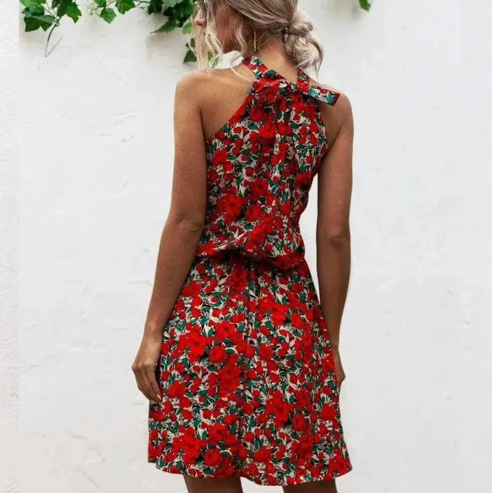 Robe fleurie courte col halter
