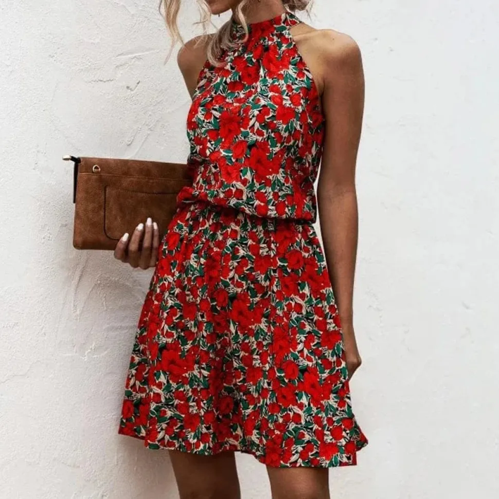 Robe fleurie courte col halter