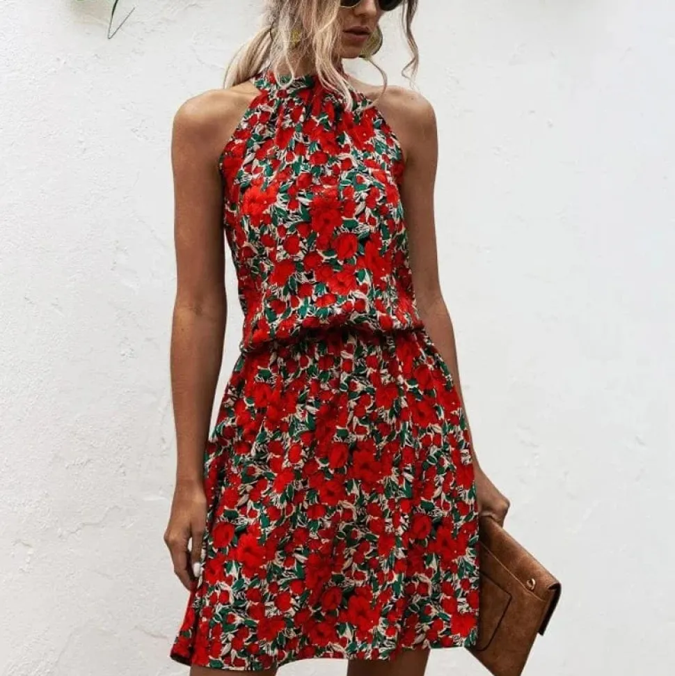 Robe fleurie courte col halter