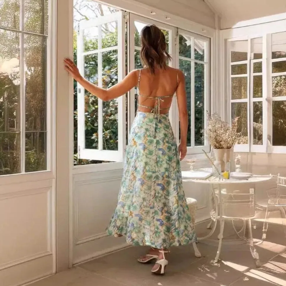 Robe fleurie dos nu fendue fluide