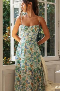 Robe fleurie dos nu fendue fluide