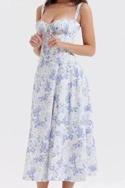 Robe fleurie fendue midi à bretelles
