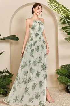 Robe fleurie longue fendue sans manches