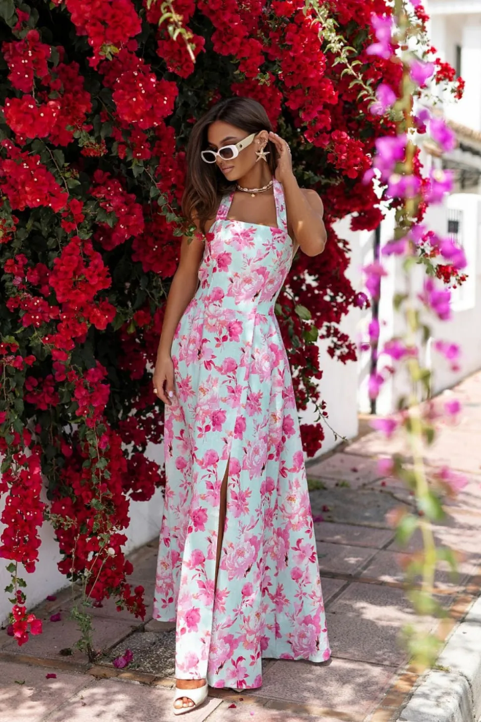Robe fleurie longue fendue été