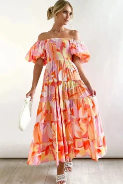Robe fleurie midi épaules dénudées