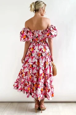 Robe fleurie midi épaules dénudées