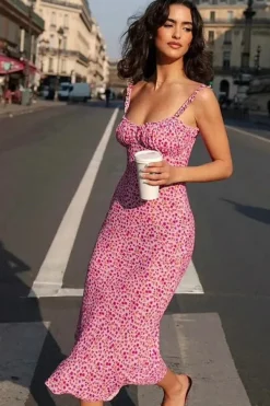 Robe fleurie midi rose pour été