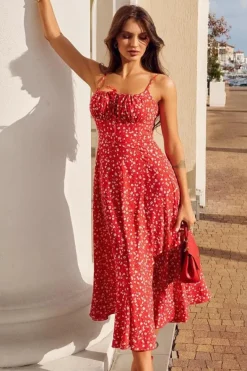 Robe fleurie rouge midi avec fente
