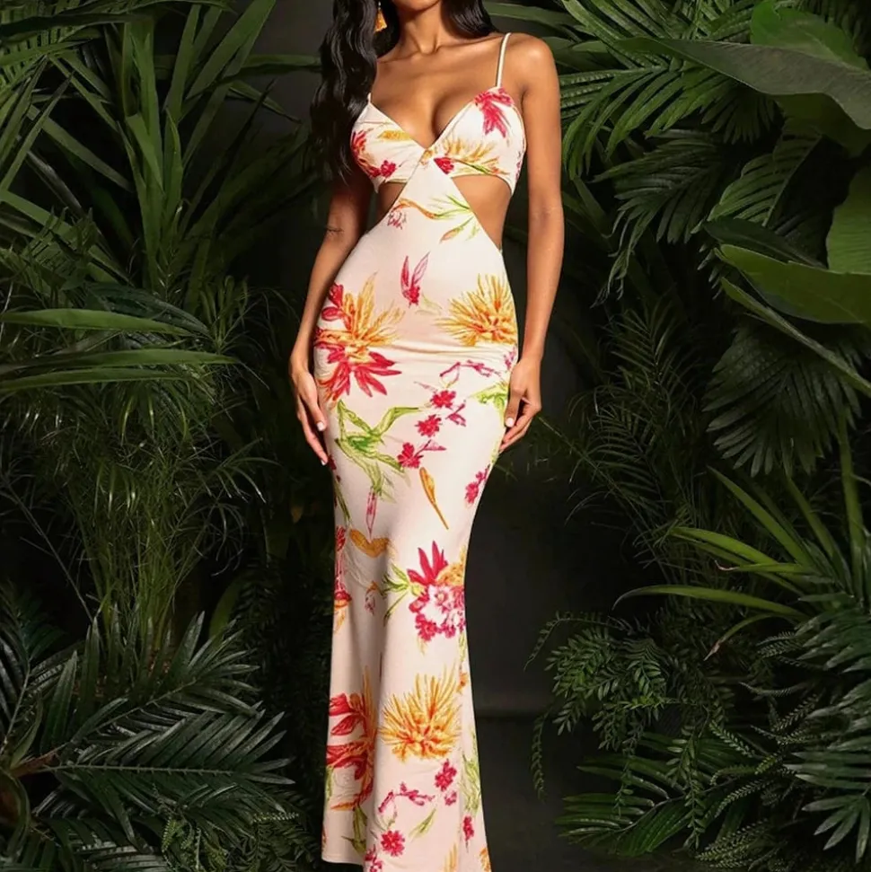 Robe fleurie sexy longue à bretelles fines