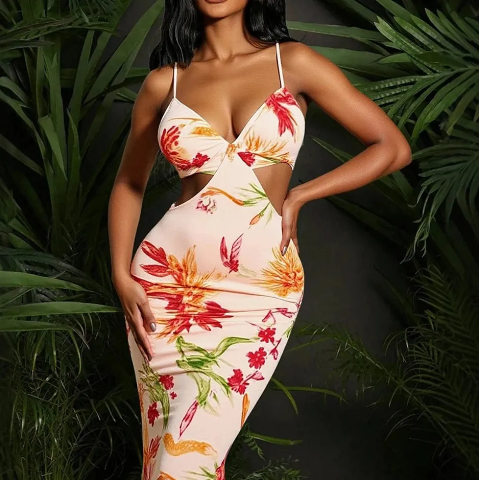 Robe fleurie sexy longue à bretelles fines