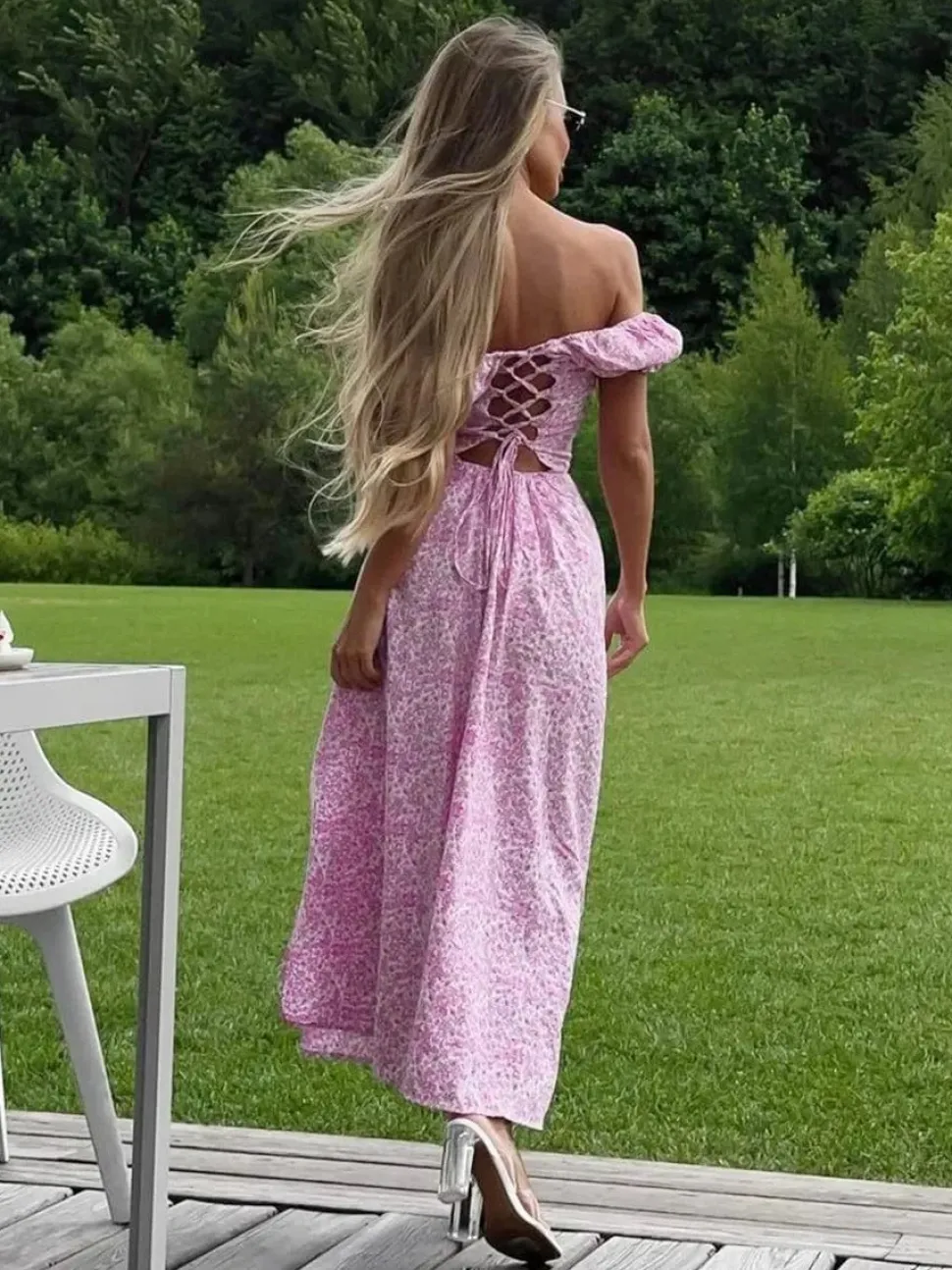 Robe florale sexy fendue épaules dénudées