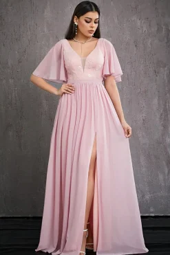 Robe invitée au mariage rose longue fendue