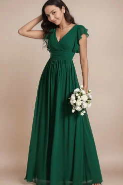 Robe invitée au mariage verte longue fluide
