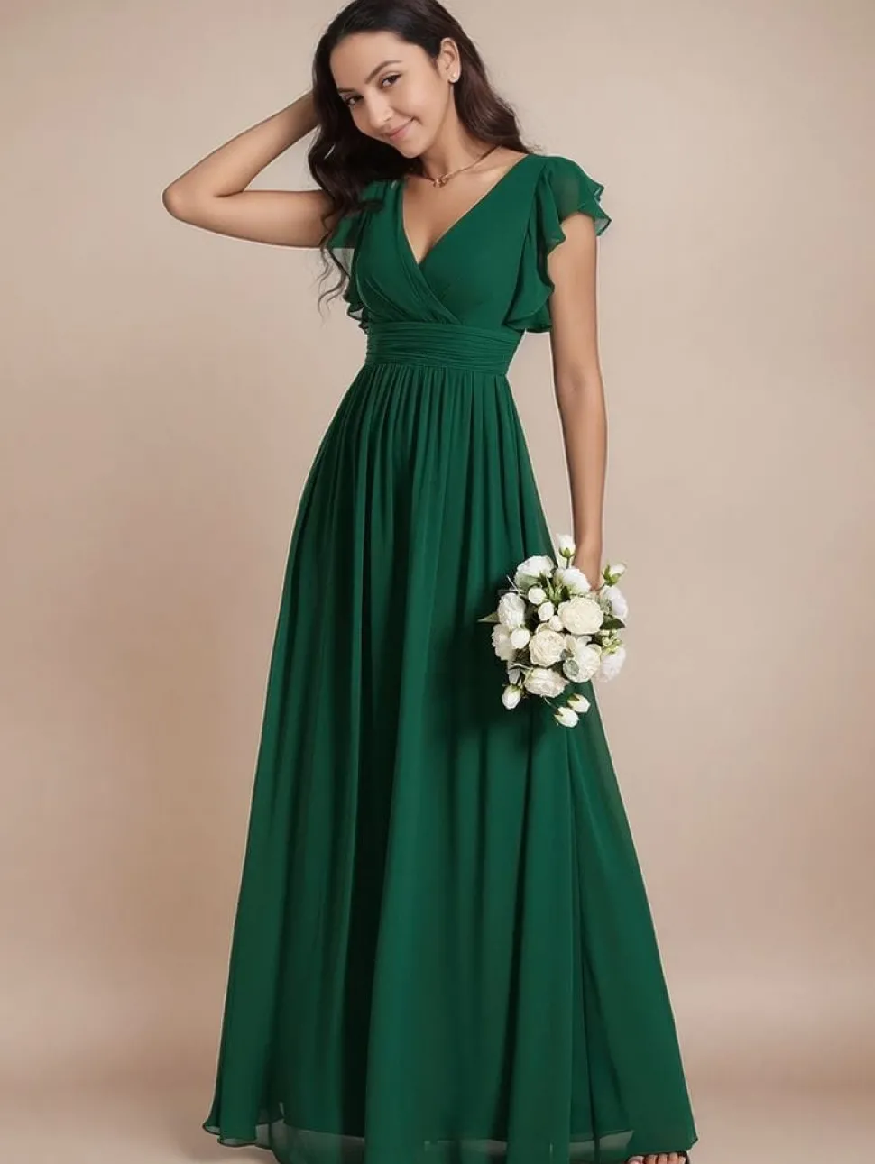 Robe invitée au mariage verte longue fluide