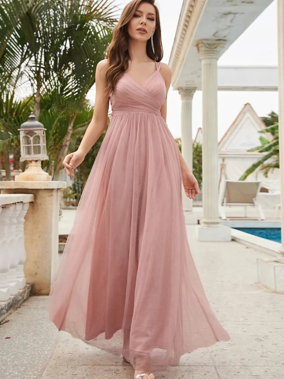 Robe invitée de mariage dos nu rose poudré