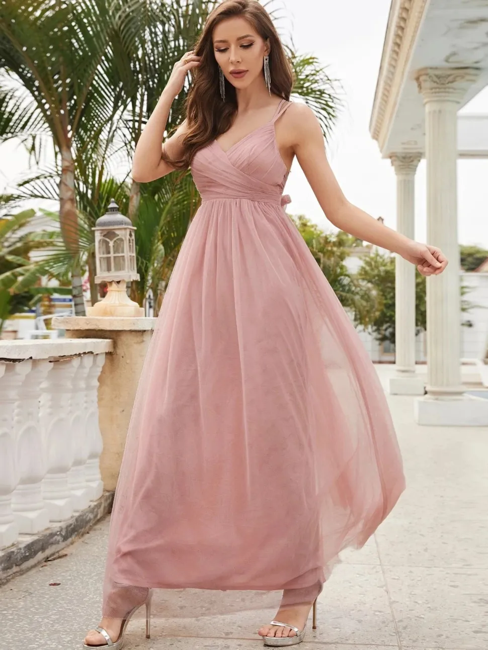 Robe invitée de mariage dos nu rose poudré