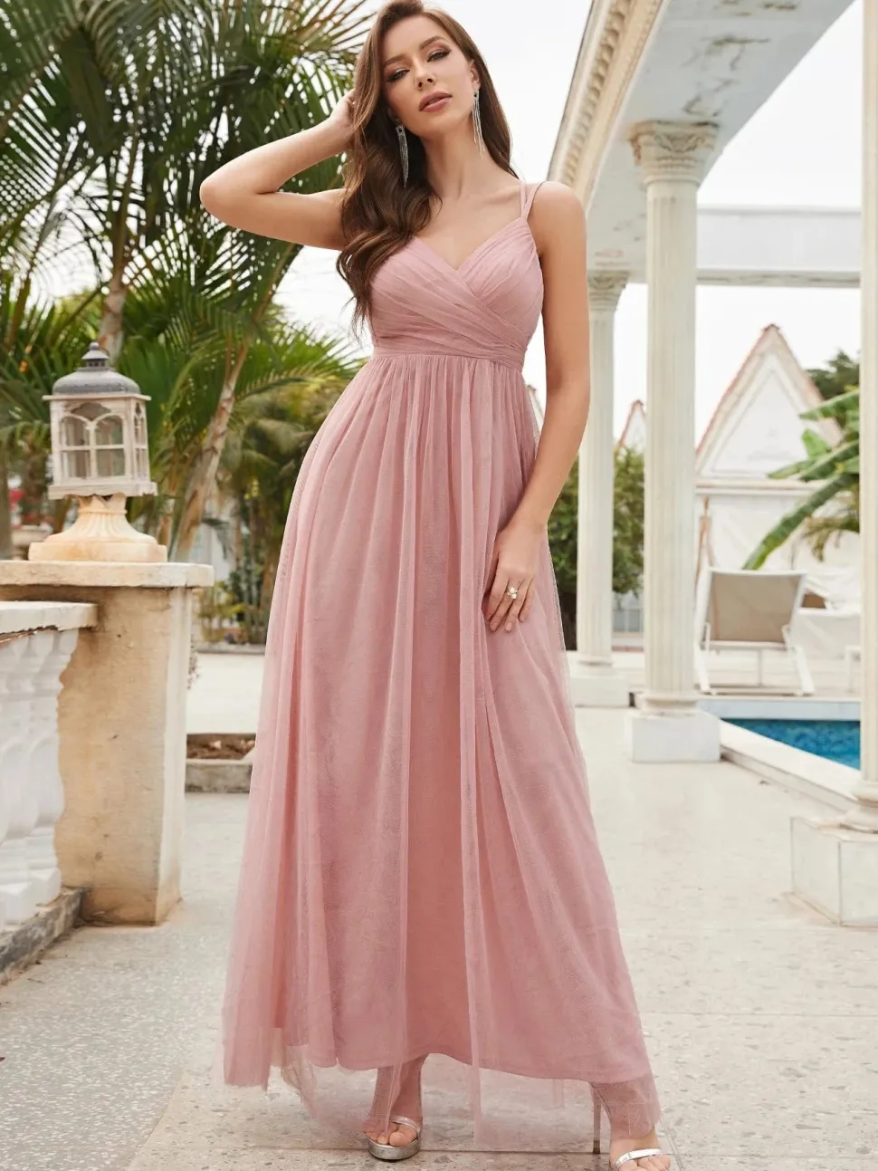 Robe invitée de mariage dos nu rose poudré