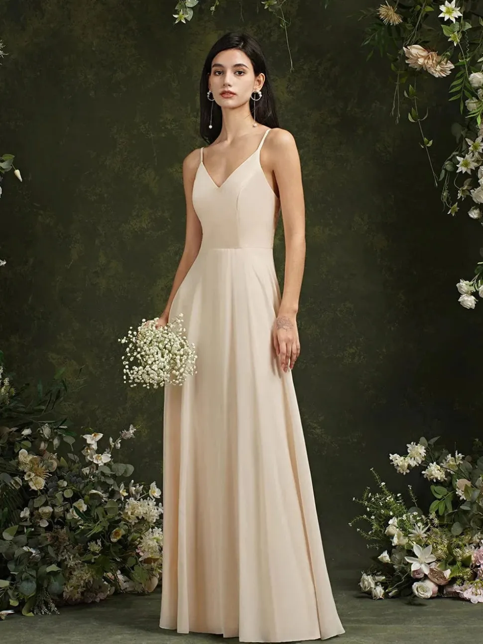 Robe invitée de mariage longue évasée à bretelles