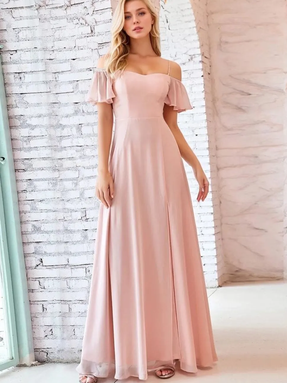 Robe invitée de mariage longue rose poudré