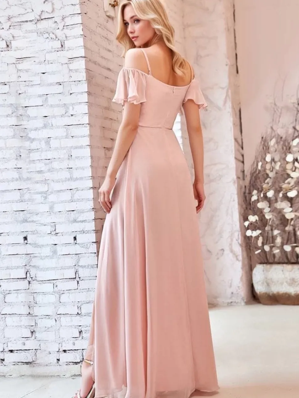 Robe invitée de mariage longue rose poudré