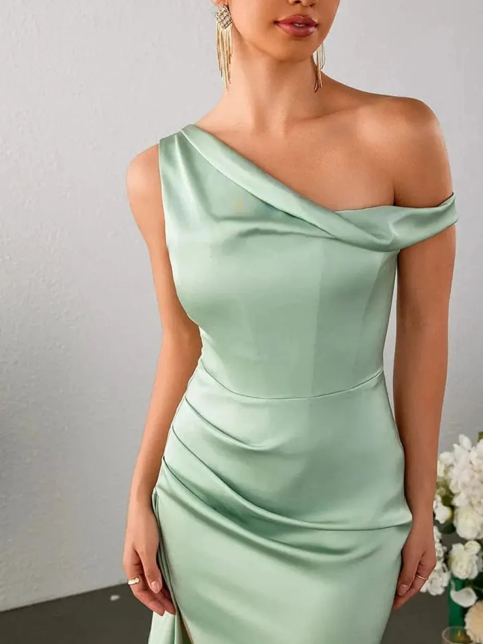 Robe invitée mariage vert sauge longue