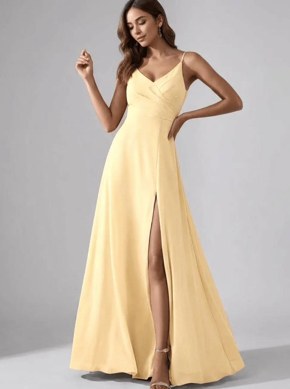 Robe jaune longue fendue pour invitée au mariage