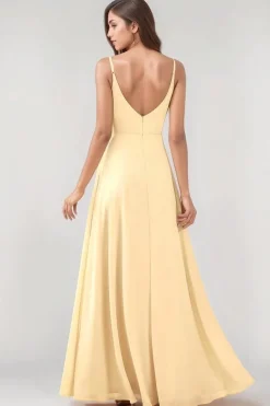 Robe jaune longue fendue pour invitée au mariage