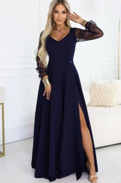 Robe longue bleue chic manches transparentes