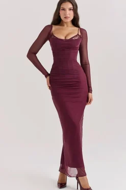 Robe longue bordeaux avec manches longues transparentes